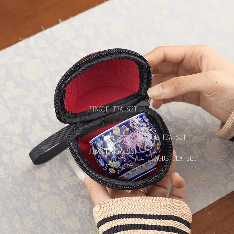 65ml Jingdezhen Ceramic Tea Cup Enamel Host Tea Cup Kung Fu Tea Set Portable Embroidery Bag Birthday Gift Drinking Utensils
