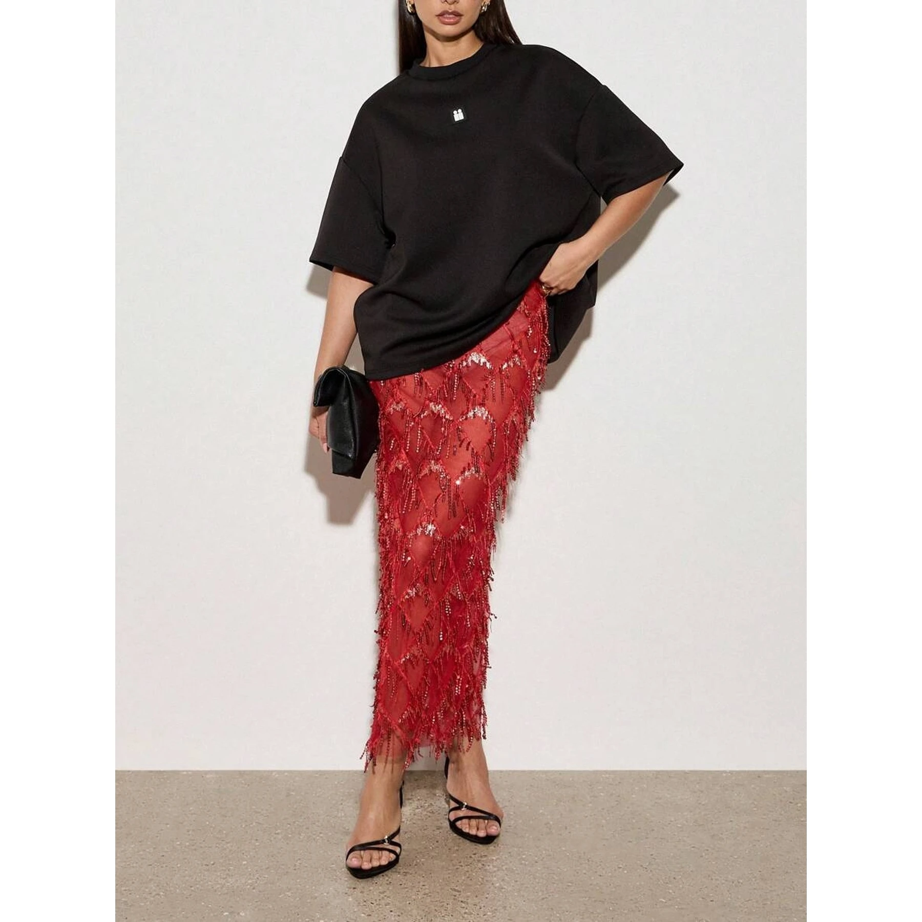 Red Sequin Split Mid-Length Skirt Women's Sexy Slimming Mesh Half Skirt Cross-Border New Product Polyester Business Casual Pa...
