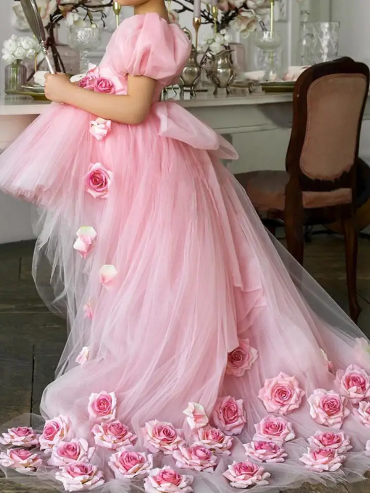 Charmante rosa Blumen mädchen Kleider für Hochzeit geschwollene Kurzarm Blume Kinder Festzug Party kleid Vestidos Elegantes Para Niñas