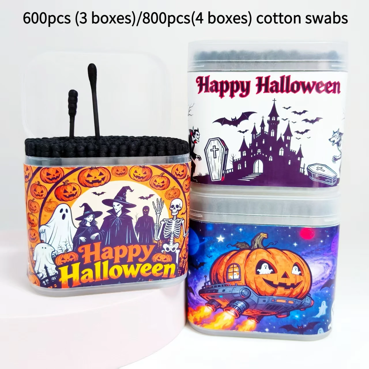 600개/800개 할로윈 호박 유령 박쥐 무늬 면봉 블랙 무광 박스 포장 양면 면봉