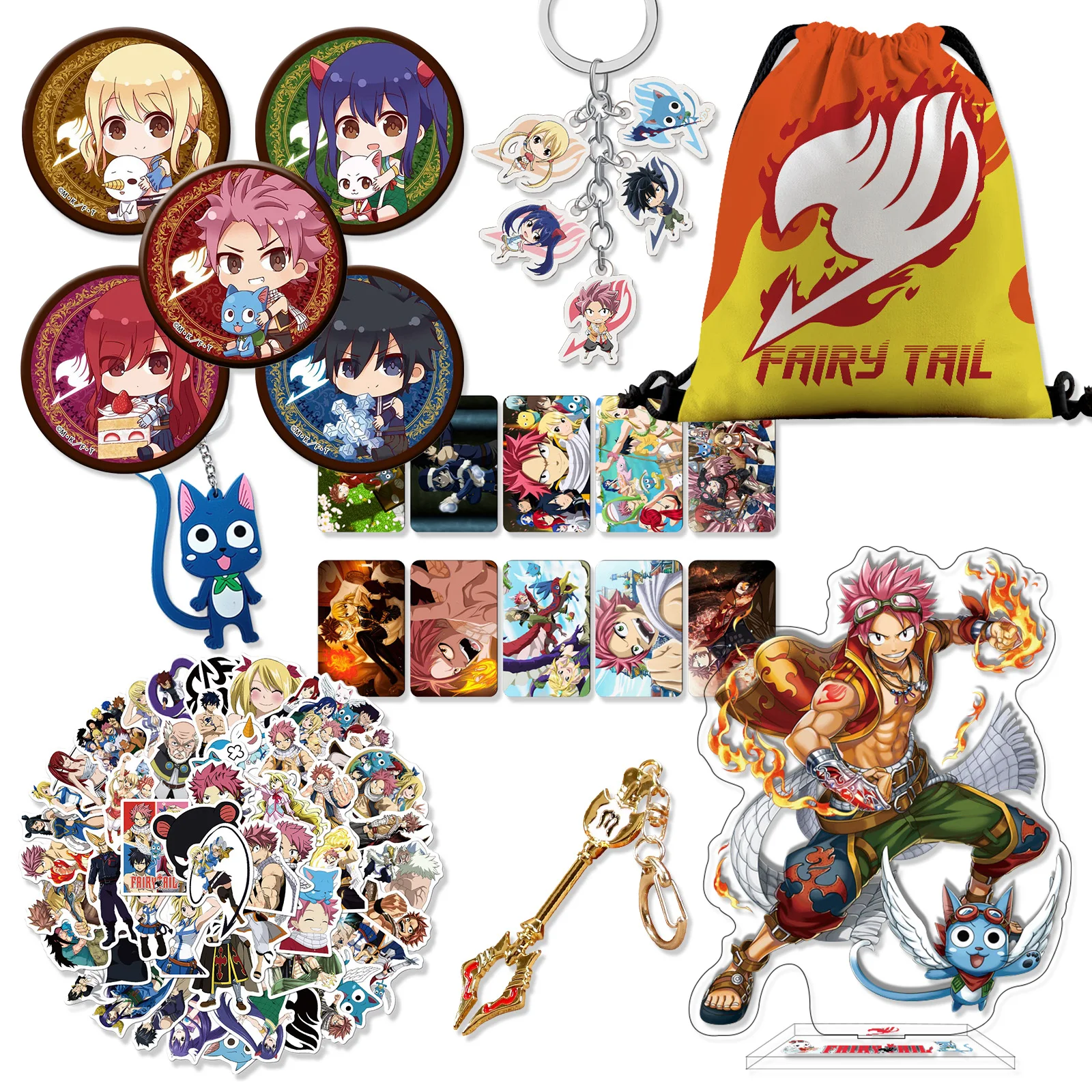 

FAIRY TAIL Natsu Merch Set - Backpack, Stand Figure, Keychain, Badge,10 Lomo Cards, 50 Stickers