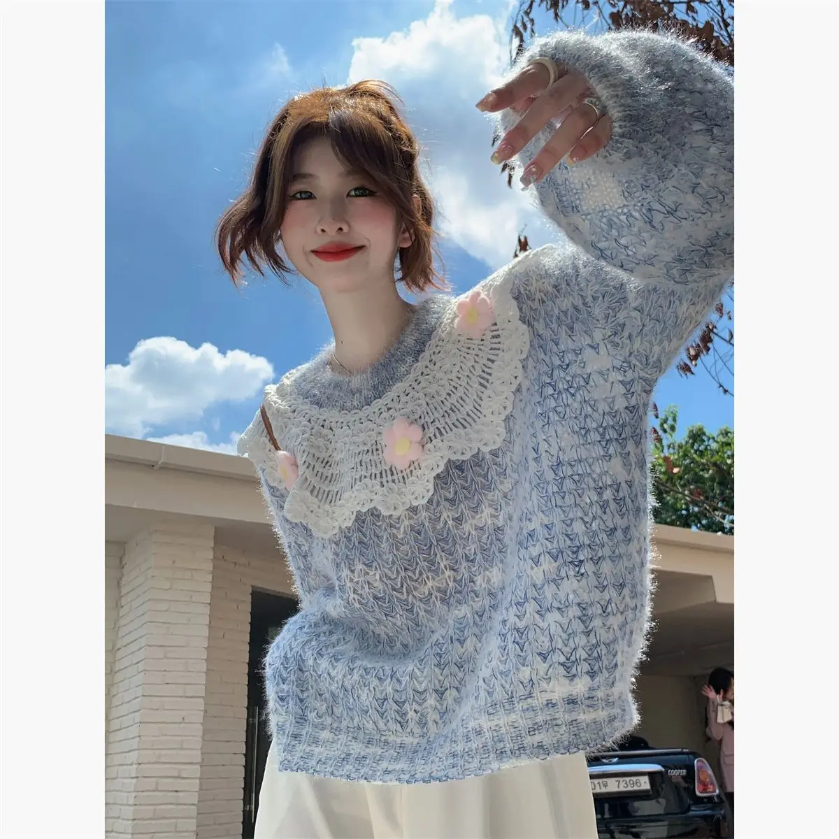 Korea Sweater Women Sweet Patchwork Knitted Top Korean Fashion Kawaii Knitwear Sweaters Girly Y2k Clothes