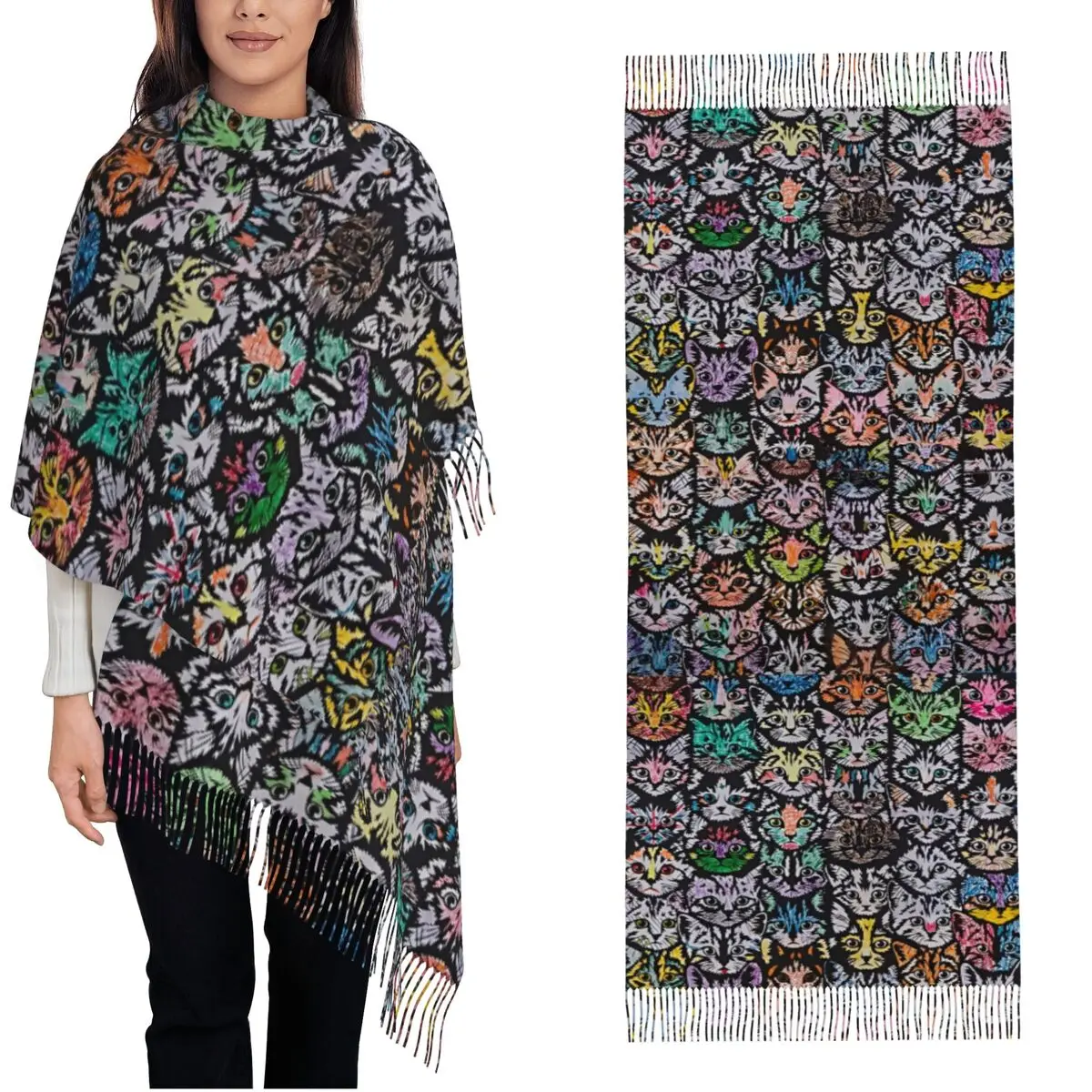 카툰 고양이 스카프 여성용 대형 스카프 긴 테슬 겨울 y2k 쿨 숄 및 랩 따뜻하게 유지 맞춤형 DIY 부판다