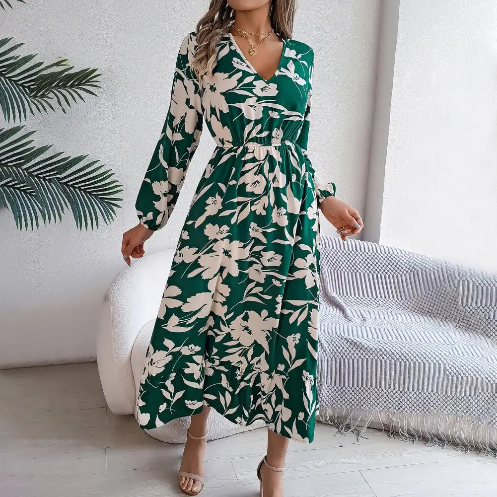 Shopping Dress Lightweight Dress Elegant Floral Print V Neck Midi Dress for Women Spring Fall A-line Flowy Ruffle Hem for Dating