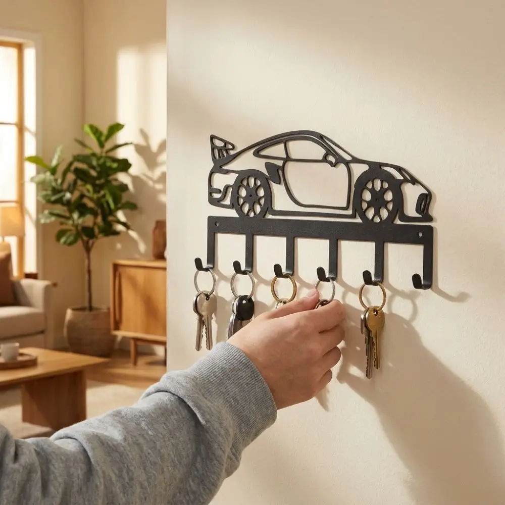 Black Minimal Metal Car Key Holder Wrought Iron Sturdy 6 Hooks Sports Car Storage Hooks Pre-Drilled Holes Vintage Classic