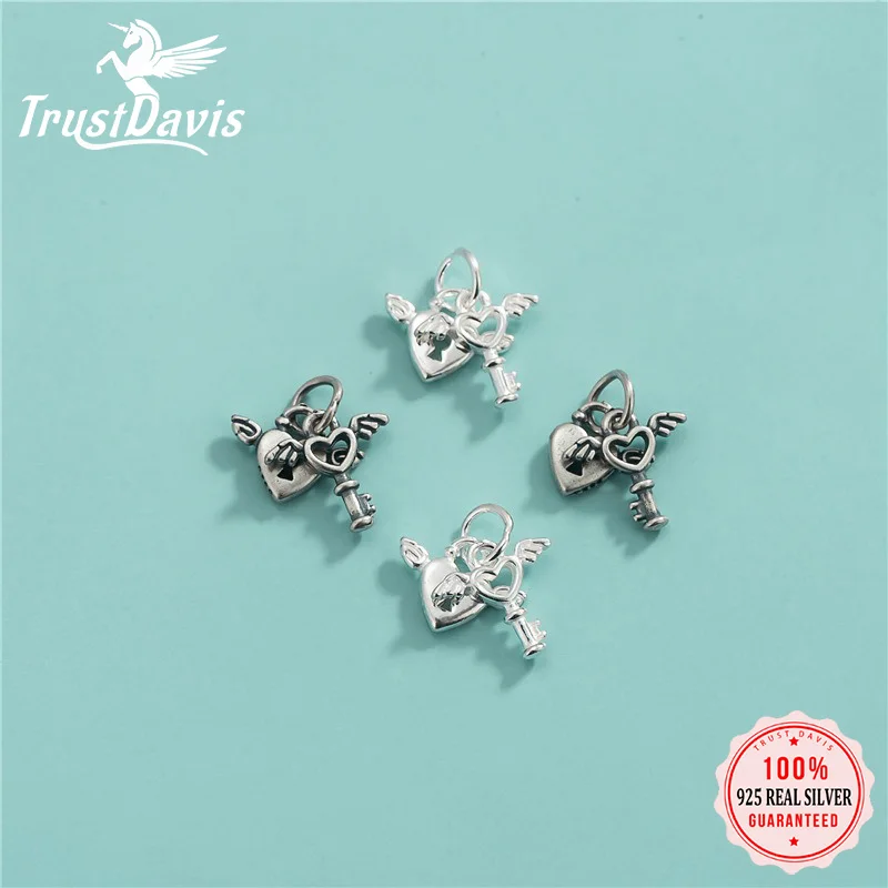 TrustDavis Real 925 Sterling Silver Classic Angel Wings Heart Lock Charm Pendant Handmade DIY Accessories Wholesale DZ1684