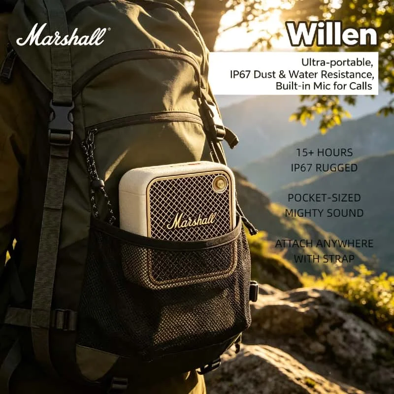 Haut-parleur portable Bluetooth Marshall Willen pour l'extérieur, mini, étanche IP67, autonomie de 15 heures, stéréo sans fil, basses puissantes, version originale