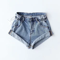 Summer 2024 women Pleat curling shorts denim hot short Pant female denim casual shorts  High waist Split Hem denim short women