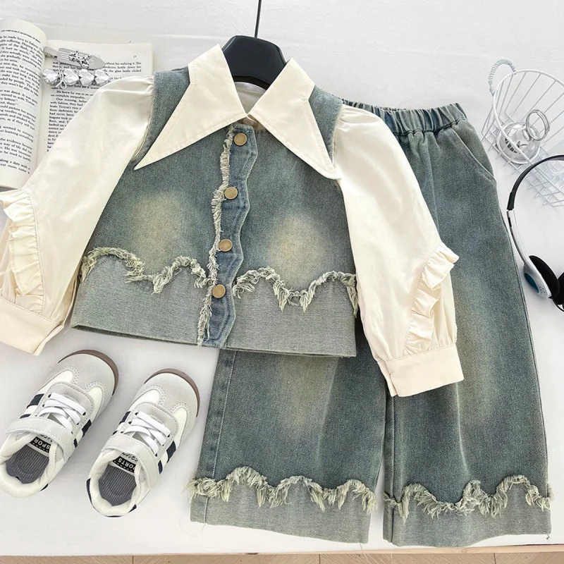 

Джинсовый жилет для девочек, осень 20225, новая стильная детская модная рубашка и широкие джинсы, комплект из трех предметов