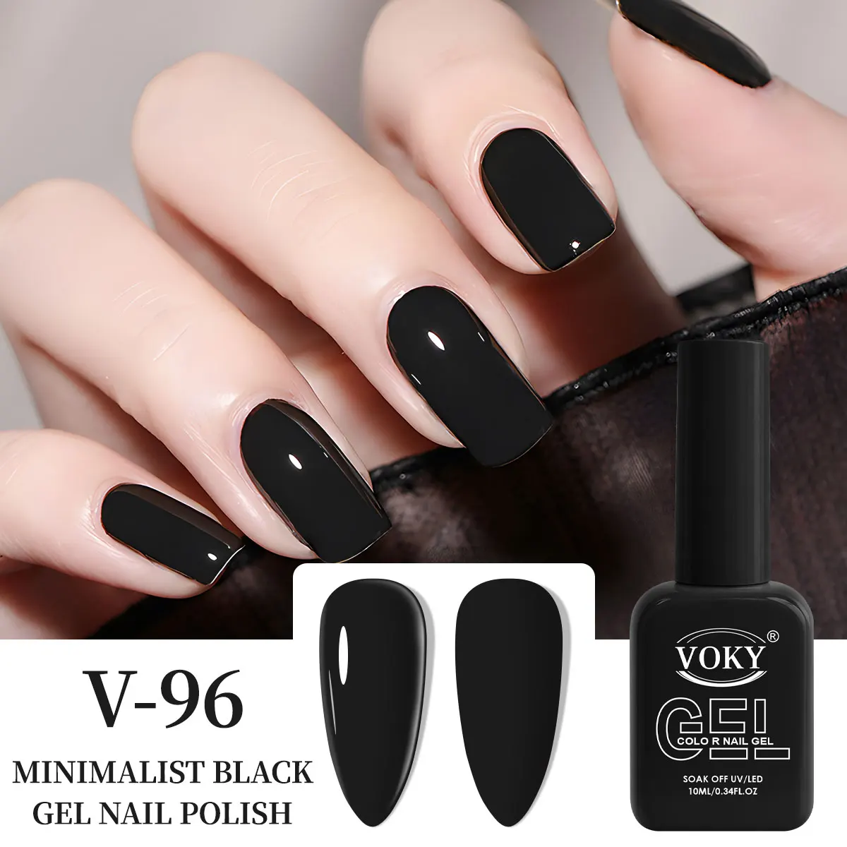 High-end opaque pure black gel nail polish, a one-coat application that provides full coverage, streak-free, self-leveling gel nail polish, low odor, non-toxic, UV-cured nail polish, with a simple and cool tone, perfect for daily wear, night parties, punk style, and all-season fashion manicures