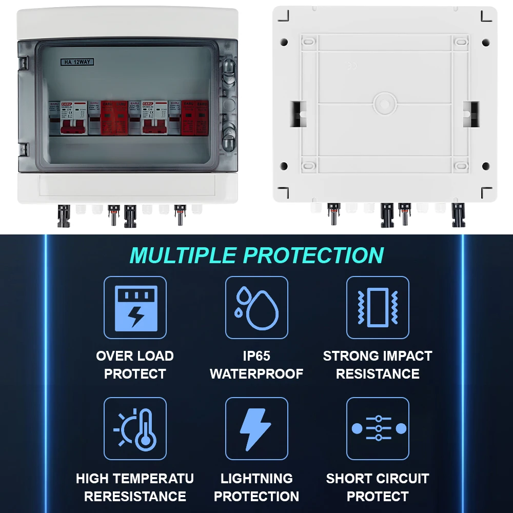 Solar Photovoltaic PV Combiner Box With Lightning Protection 2 Input 2 Out DC 500V 15A Fuse MCB SPD HT Waterproof Box IP65 12Way