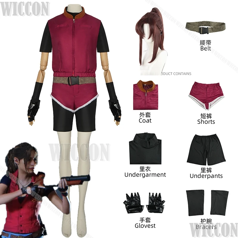 Resident 2 Re2 1988 Claire Cosplay Evil Redfield Costume Pony Tail Wig Red Uniform Short Halloween Carnival Clothing Customized