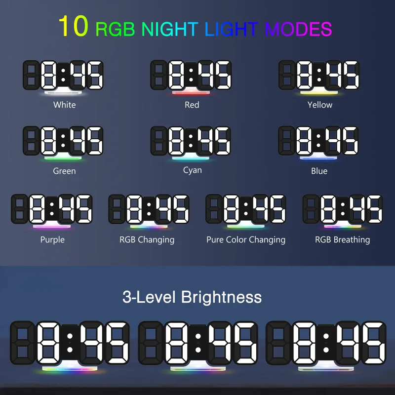 3D LED Digital Clock 9.7'' RGB Alarm Clock large Wall Clock Night Light with Remote Control for Bedroom/Office