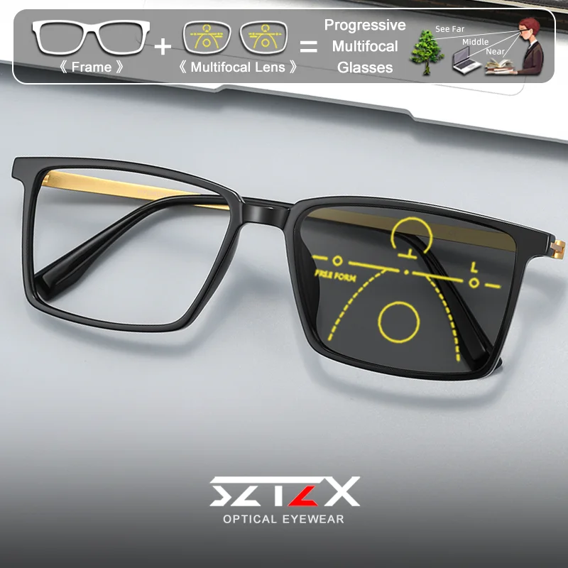 

SZTZX Vintage Style Men Rectangle Oversize Frame Optical Glasses Anti Blue Ray Photochromic Progressive Prescription Eyeglasses