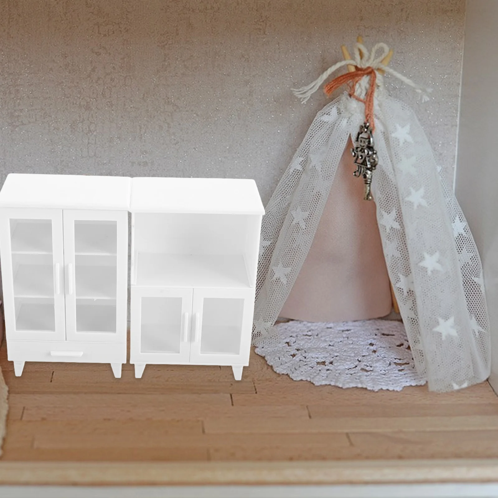 2 Pcs Dollhouse Cabinet Realistic Modern White Plastic Mini Furniture Retro Decor Storage Compact Multifunctional