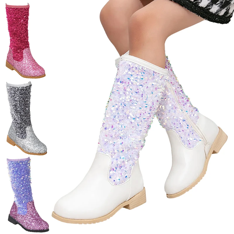 

Winter 2025 Shiny Luxury Princess High Boots Christmas Kids Fleece Warm Anti-slip Shoes Masquerade Carnival Party Children Boot