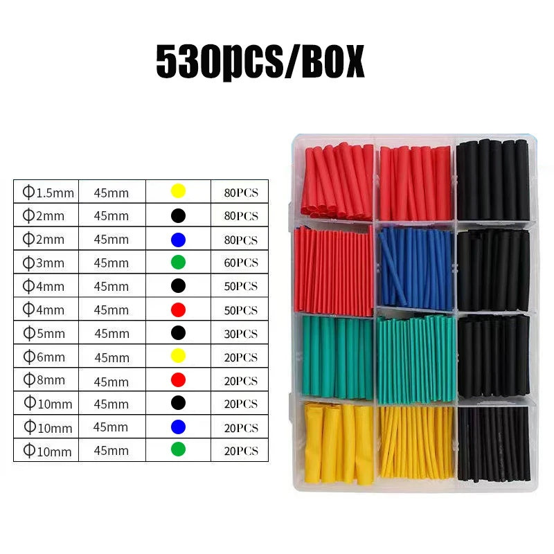 

530pcs 750pcs Heat Shrinkable Tube Assortment Polyolefin Insulated Wire Repair Sleeves for Electronic Electrical Wiring