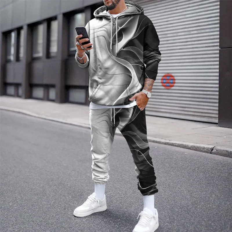 3d Print Hoodie Set Color Stripe Pattern Hoodie Tracksuit Men Clothing Sets Autumn Winter Sweatpants Male Sweatshirt Suit