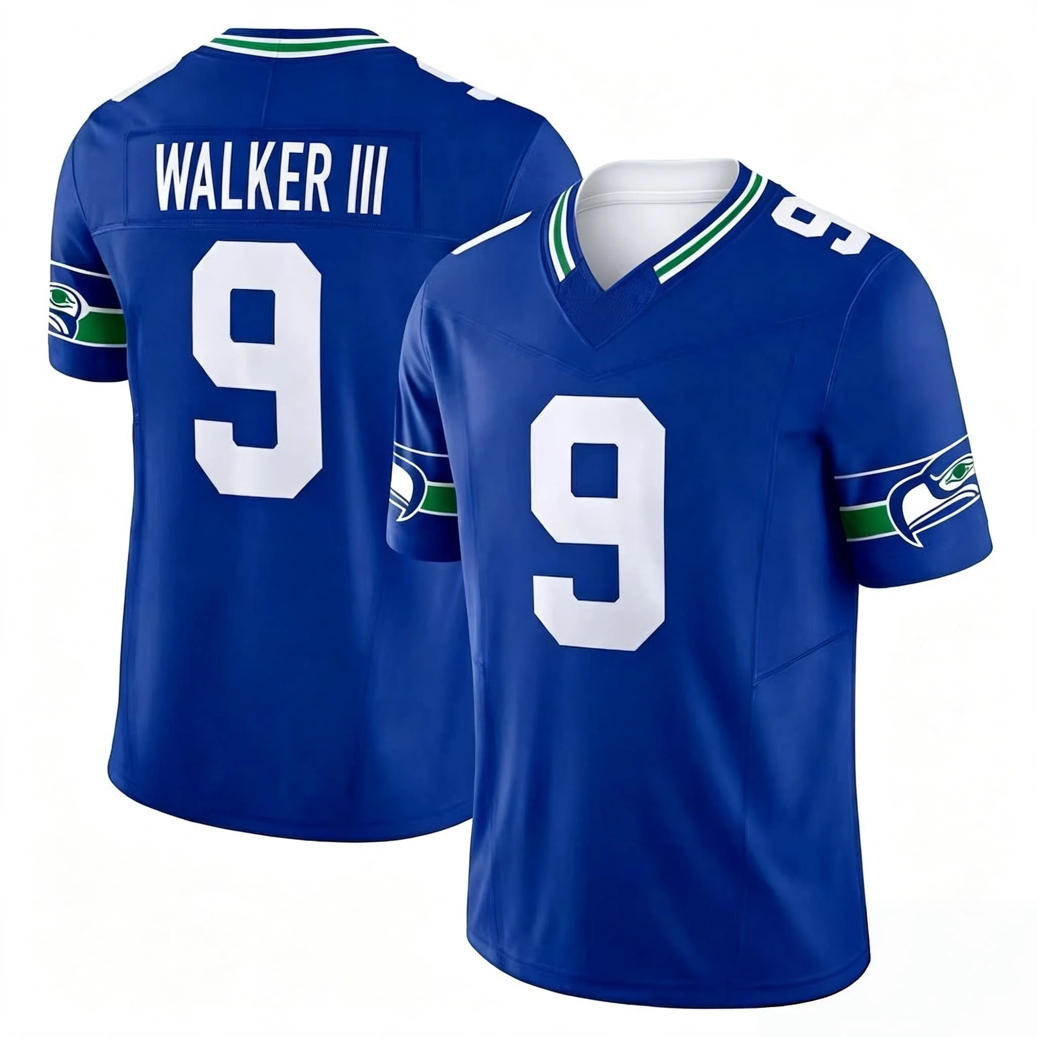 Männer # 9 Walker III Navy Heim-Footballtrikot mit Mesh, digitaler Nummer, neon-grünem Besatz, V-Ausschnitt, Seahawks Spiel-Fan-Trikot, Familien-Partnerlook – Detail 4