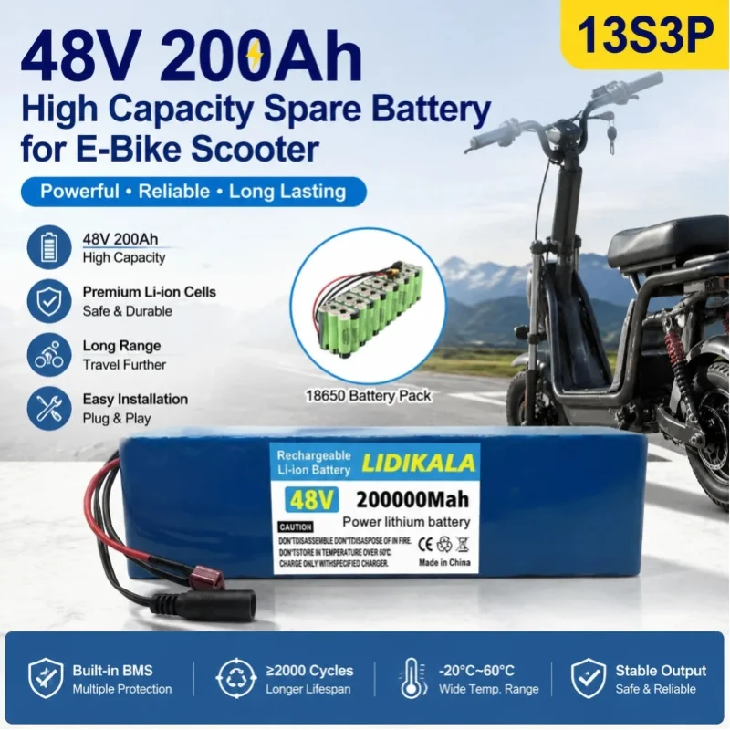48V 200Ah 13S3P 18650 Lithium-Ionen-Akku-Pack, XT60+DC-Anschluss, wiederaufladbarer Ersatzakku für E-Bike Elektroroller