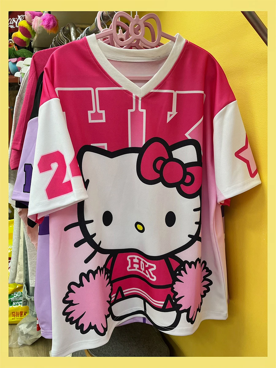 2025 MINISO New Sanrio HelloKitty Sportswear Women's V-neck Loose Casual Lightweight Breathable Fashion Short Sleeve T-shirt