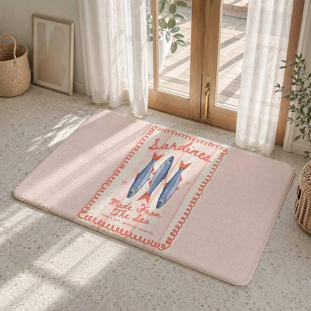 Colorful Sardine Tin Floor Mat Flannel Rug Non Slip Absorbent Soft Washable For Entryway Hallway Bathroom Kitchen Decor