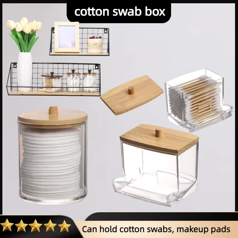 Cotton Swab Storage Box Double Head Wood Baby Cotton Swabs Transparent Square Bamboo Cover Cotton Buds Toothpick Organizer