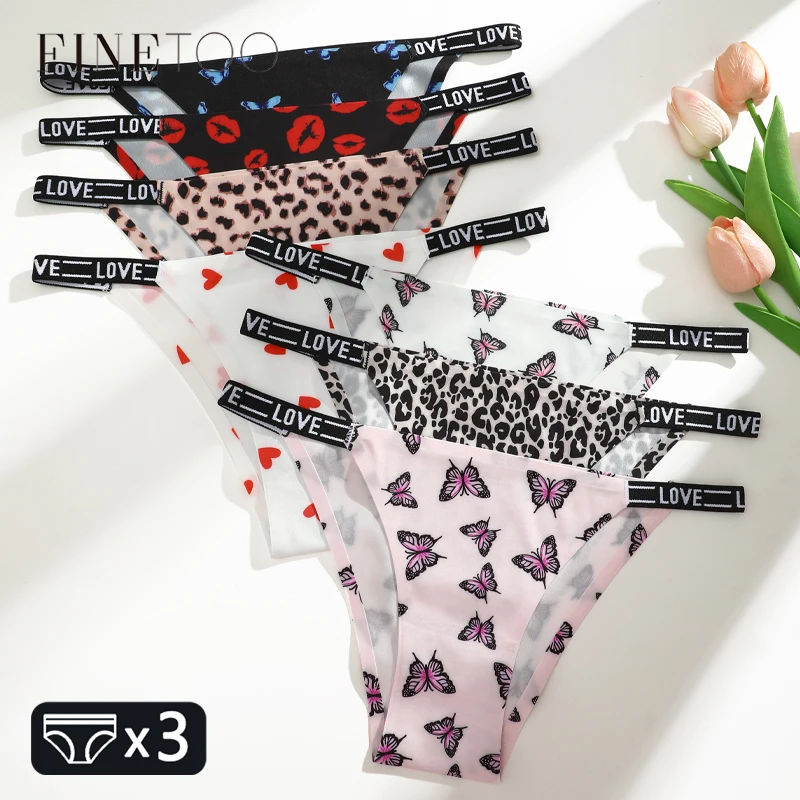 FINETOO 3Pcs Silk Seamless Women's Panties Sexy Flower Briefs Fashion Leopard Bikini Female Letter Waist Comfortable Lingerie