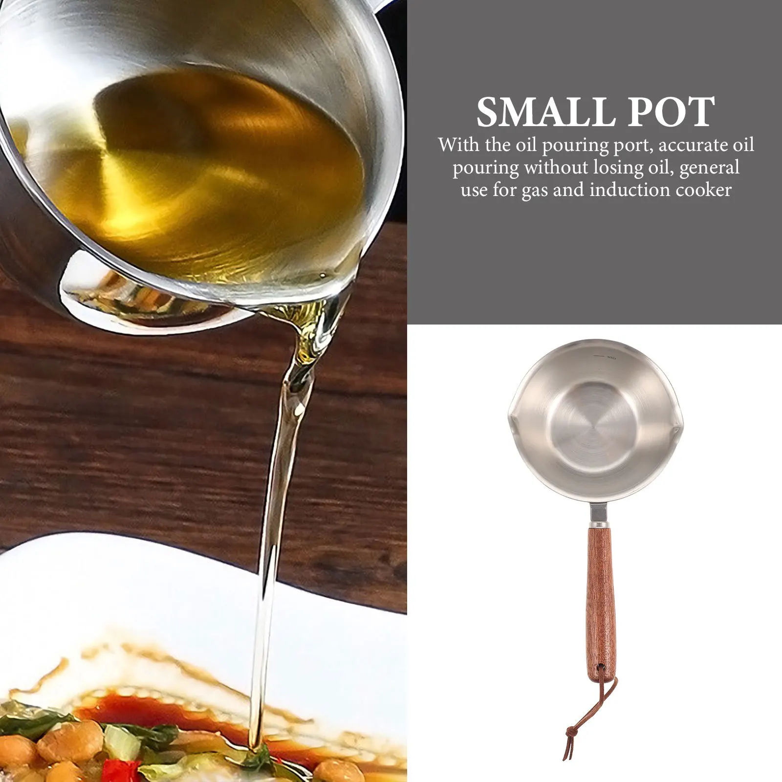 

Stainless Steel Saucepan With Wood Handle Multi-Use Milk Pot For Gas Induction Cooker Oil Pouring Port Small Cooking Pan