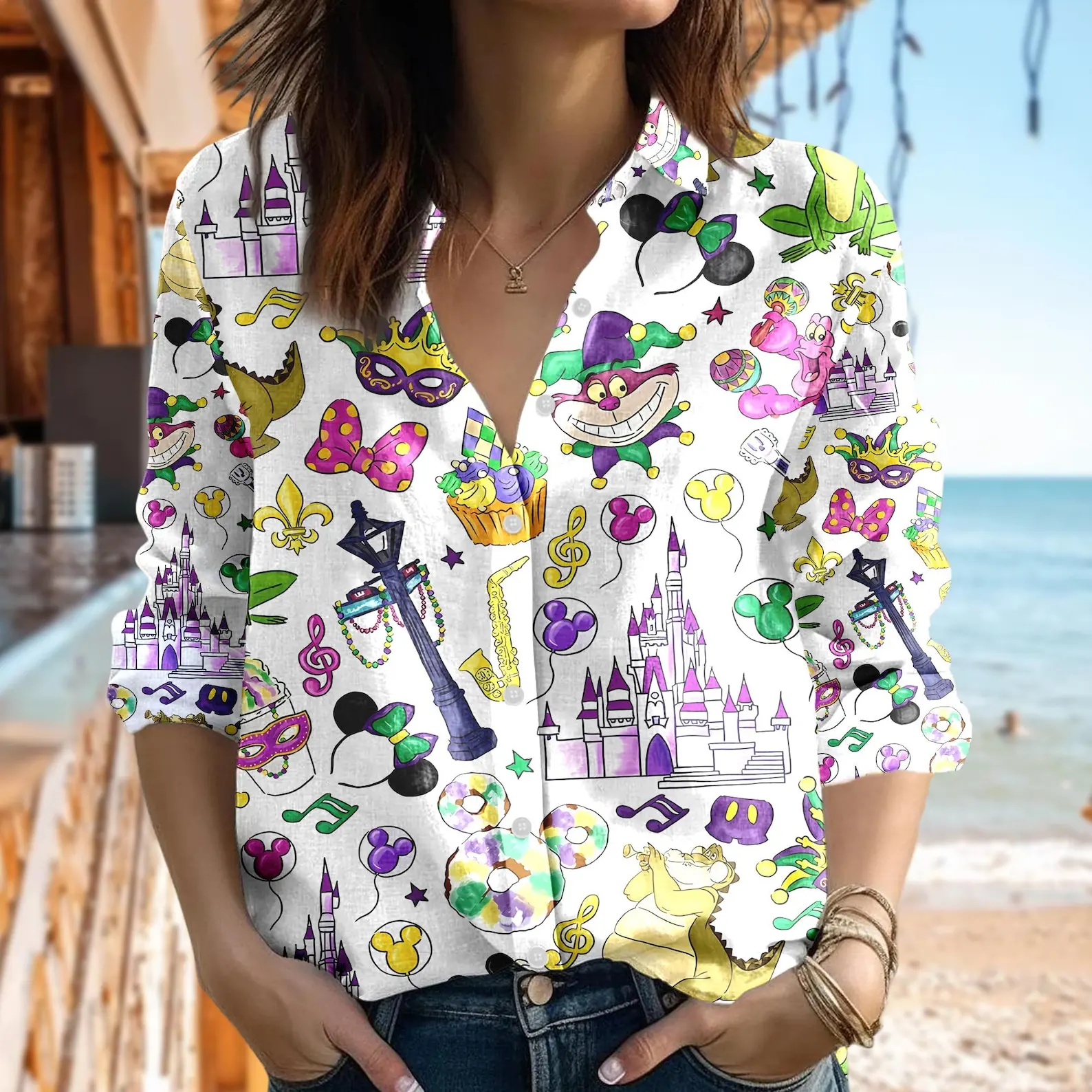 بلوزات ديزني ميكي النسائية قميص كاجوال بأزرار وأكمام طويلة قميص كارتوني أنيق ثلاثي الأبعاد مطبوع بالكامل قمصان علوية
