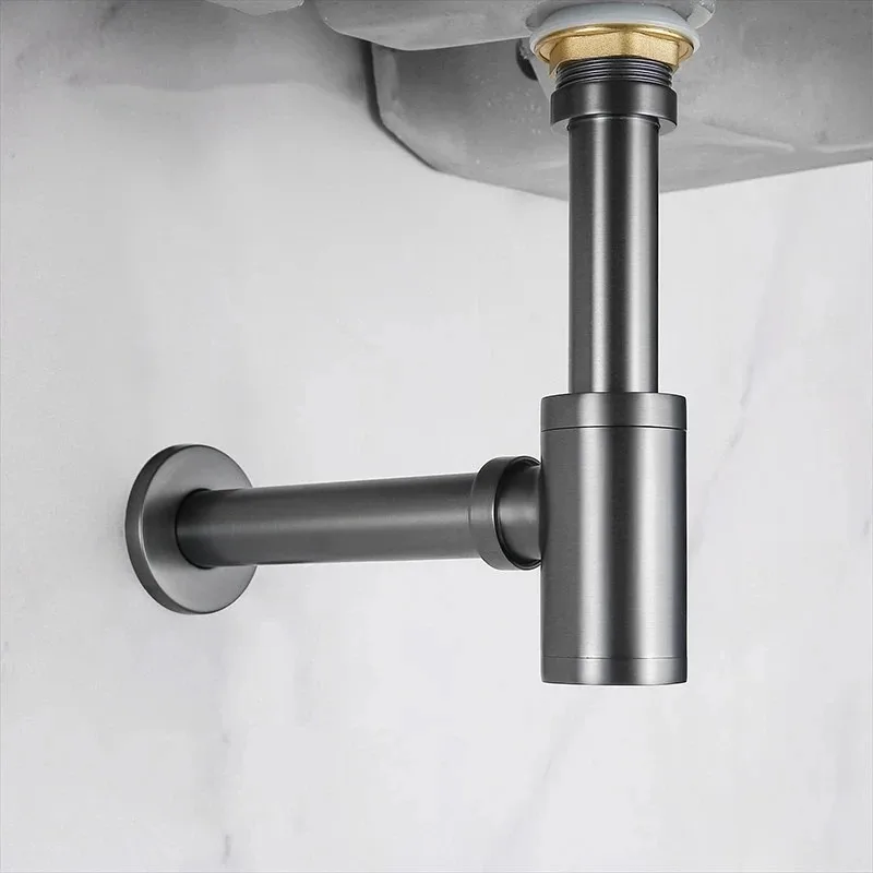 Grey Drains Set Brass Round Siphon P-TRAP Deodorization Bathroom Vanity Basin Pipe Waste with Pop Up Drainer Gun Grey