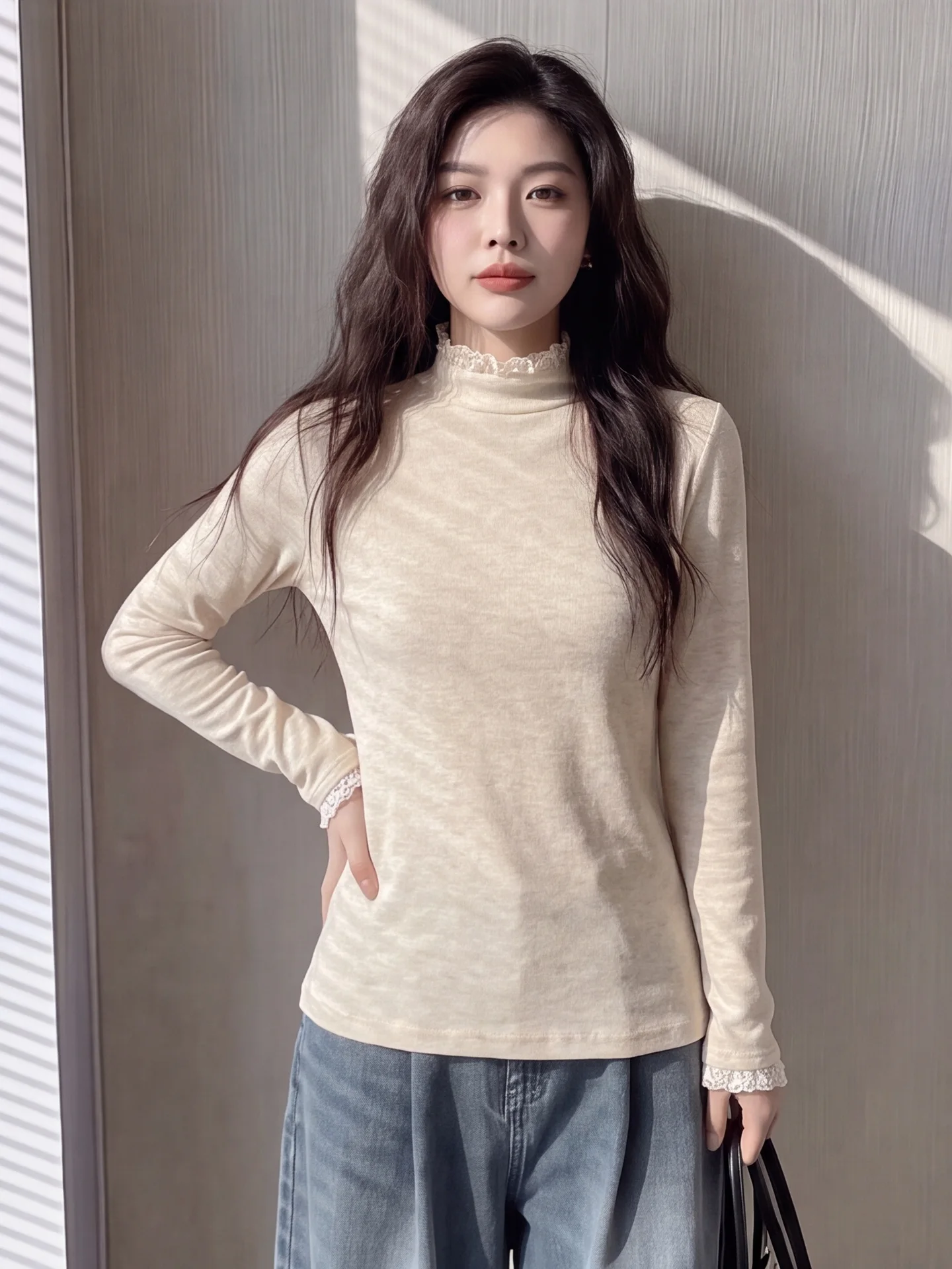 Pure Color Half High Collar Lace Long Sleeve T-Shirt Women's Inner Wear Slim Fit Stylish Korean Style Autumn New Arrival