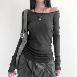 Korean Off Shoulder Crop Tops Cyber Grunge Backless Tie Up T-shirt 90s Vintage Long Sleeve Slim Fit Ribbed Tees Harajuku Clothes