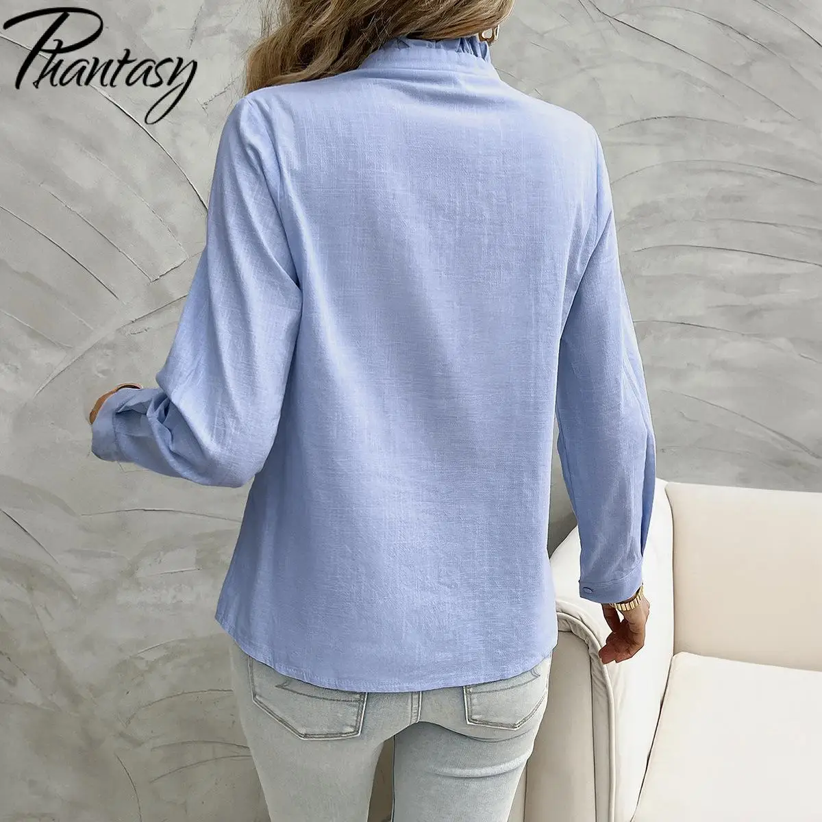 Phantasy Blue Office Lady Blouse Elegant Long Sleeved Women Shirt Casual Business Shirt Fashion Tops Streetwear Autumn Outfit