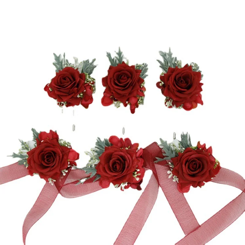 Flores artificiales rojas para dama de honor, boutonniere, mariage homme, rosas, pulsera de novia, accesorios de boda