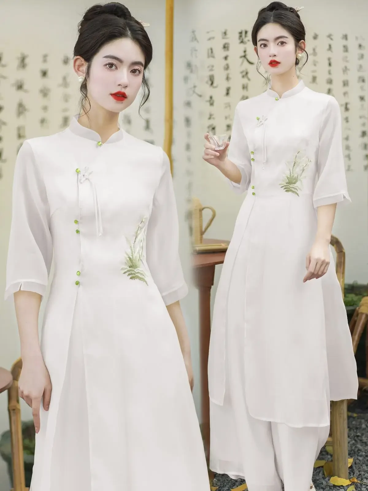 

YOUDEYISI New Chinese Tea Clothes Plant Flower Embroidered Cheongsam Hanfu