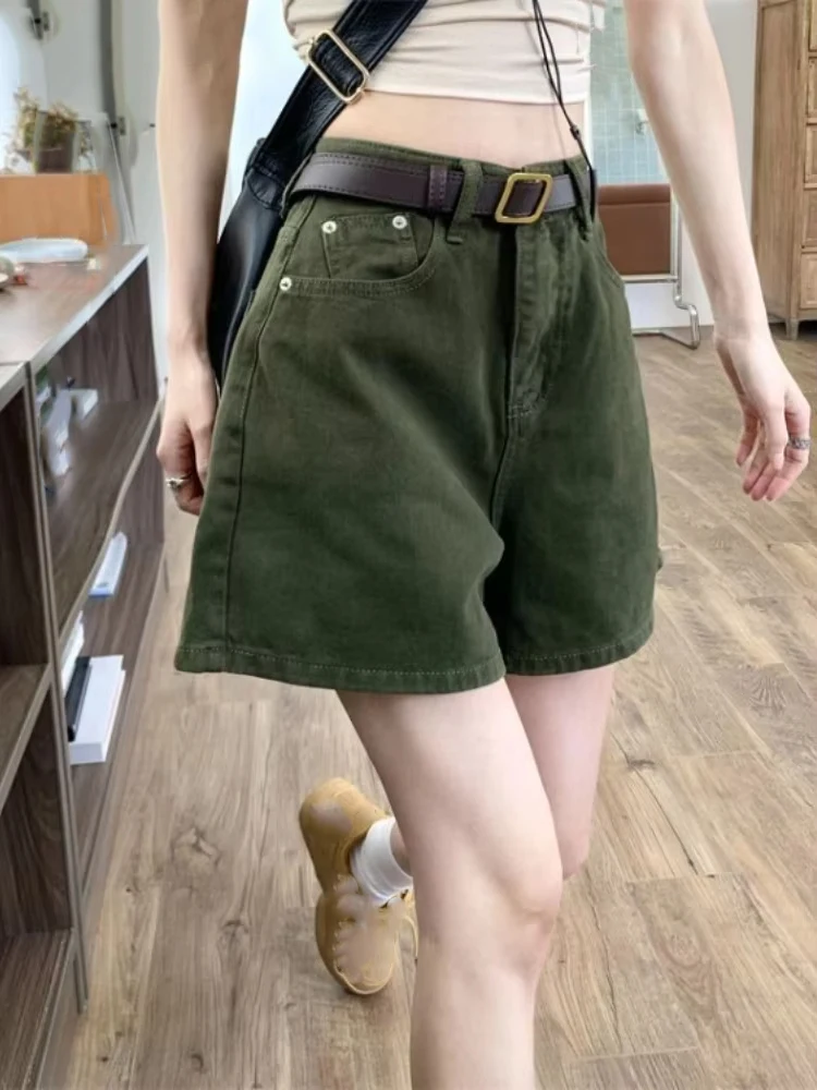 

Винтажные зеленые джинсовые шорты, уличная одежда, корейские широкие брюки с высокой талией, новинка 2025, повседневные модные летние шорты Y2k