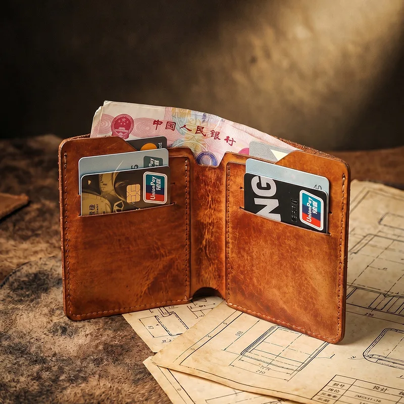 

Real leather retro hand-painted distressed ultra-thin portable handcrafted vegetable-tanned cross-body small purse