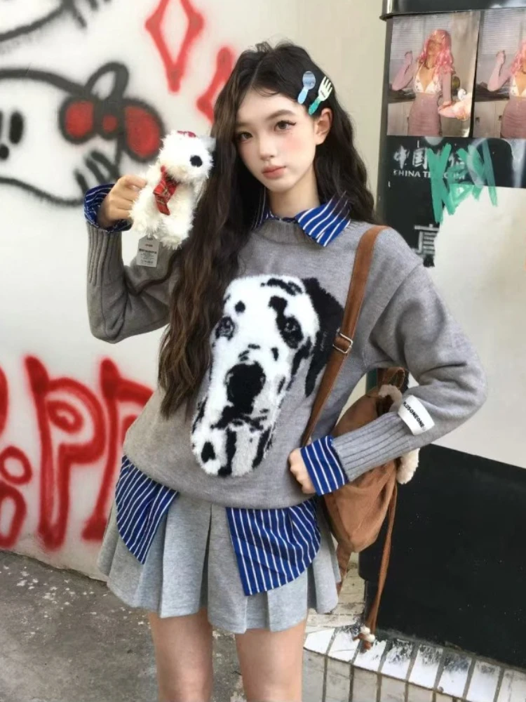 

Жаккардовый вязаный свитер для щенков, женский корейский модный повседневный трикотаж большого размера Y2k, эстетический свободный пуловер, свитер, уличная одежда