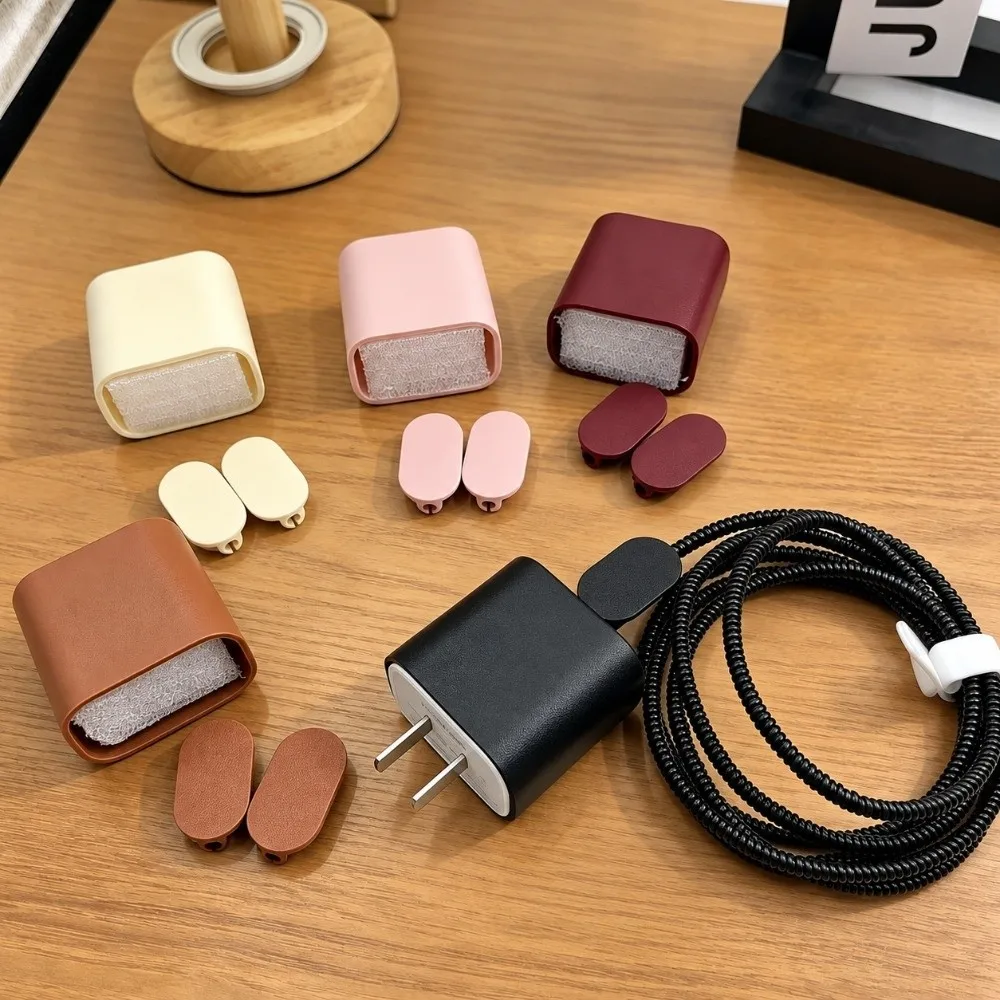 5Pcs/Set Portable Charger Protector Lychee Pattern Faux Leather Charger Protective Case Solid Color for iPhone 18/20W