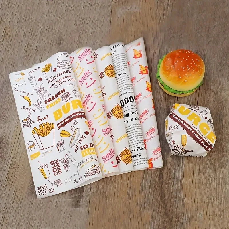 100 Pieces of Disposable Hamburger Paper, Cake Wrapping Paper, Oil-Resistant Coated Food Wax Paper, Sandwich Wrapping Paper, Large Size for Commercial Use