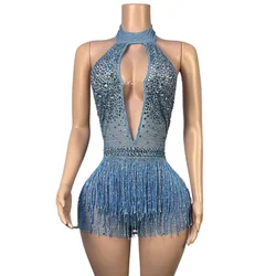 Body con borlas y diamantes de imitación brillantes para mujer, traje Sexy con cuello en V profundo, Espalda descubierta, actuación, baile, club nocturno, cantante, bailarina, ropa de escenario