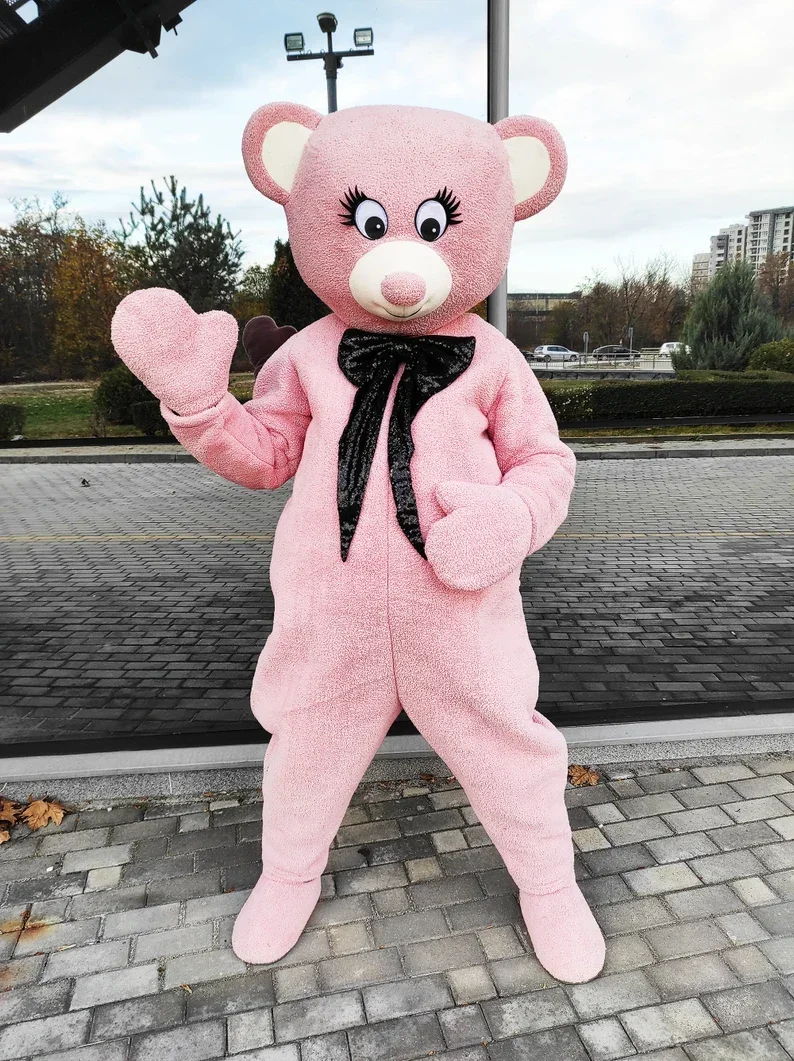 الوردي دمية دب زي التميمة مع القوس الأسود لحفلات الإعلان فستان بتصميم حالم الأطراف الحيوان كرنفال مرحلة العروض #1