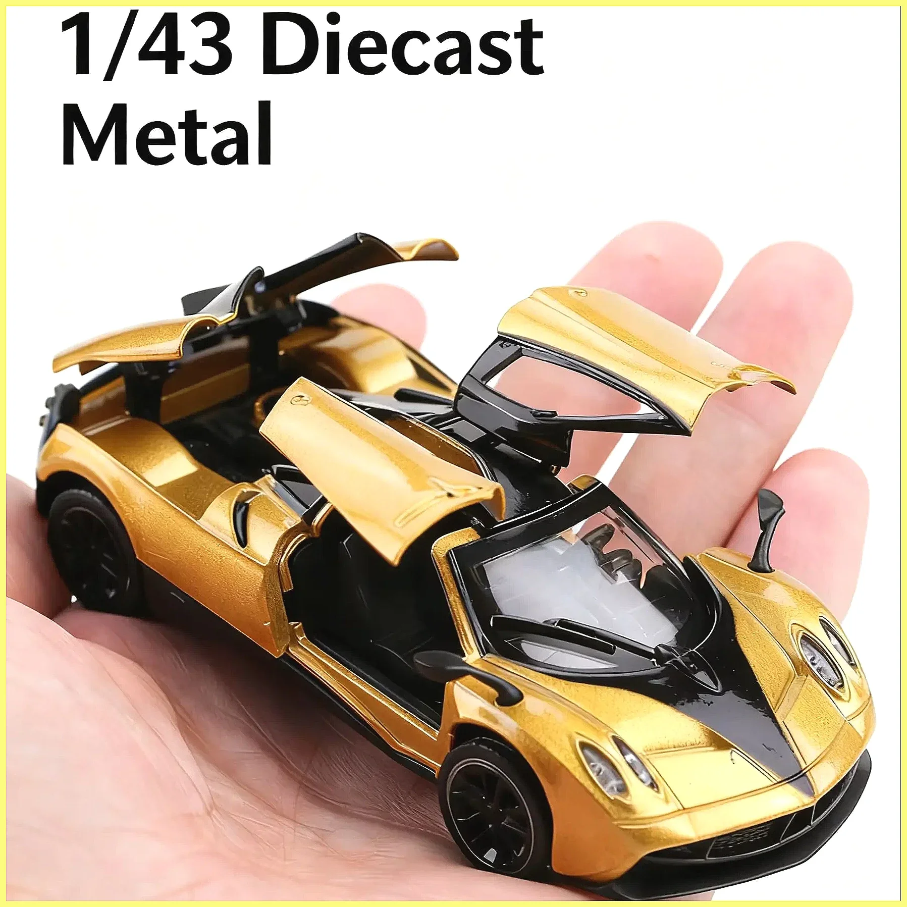 1/43 Scale Gold Pullback Racing Car Die-Cast Metal Toy with 3 Opening Doors, Mini Pocket Car for Boys, Collectible Gift