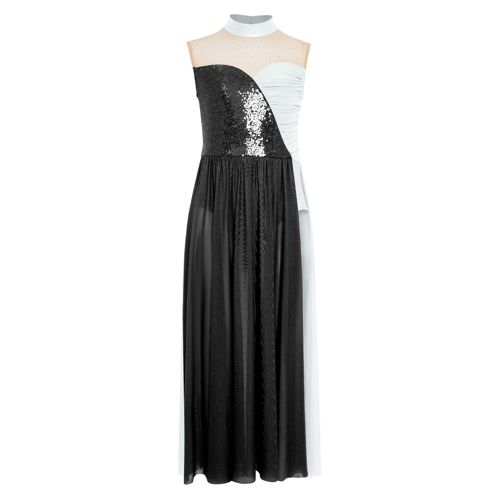 

Kids Girls Elegant Modern Dance Performance Dress Sleeveless Sequins Bodice Side Split Mesh Maxi Dress Contemporary Dance-wear