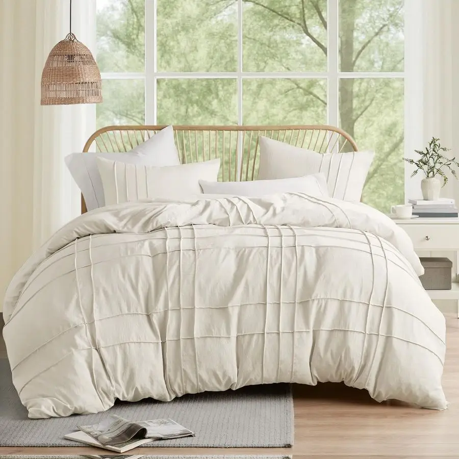

Cream King Size Duvet Cover Set 3 Pieces Pintuck Pleated Duvet Cover, All Season Lightweight, Extra Softness PreWashed Microfibe