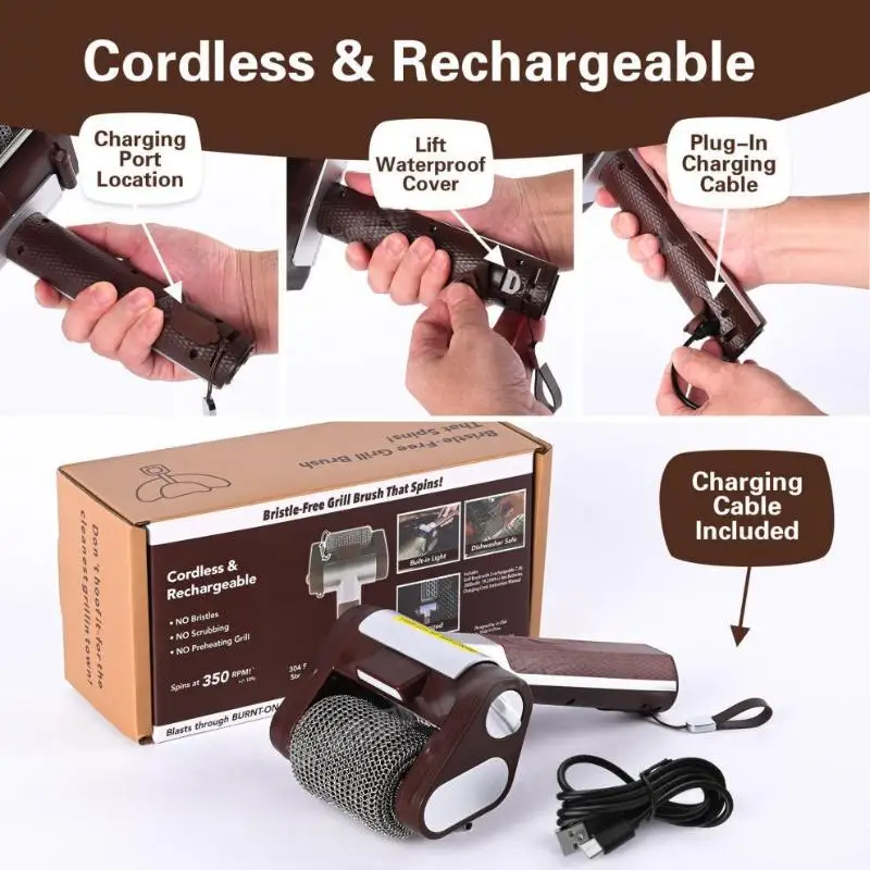 

Electric Roller Grill Brush 350RPM With Replaceable Brush Head Stainless Steel Rechargeable Barbecue Cleaner Tool
