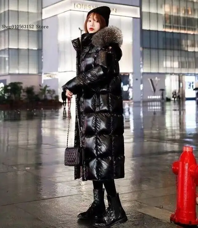 Down Cotton Coat Knee Length Cotton Jacket Black Shiny Super Thick Real Fur Collar Cotton Jacket for Women