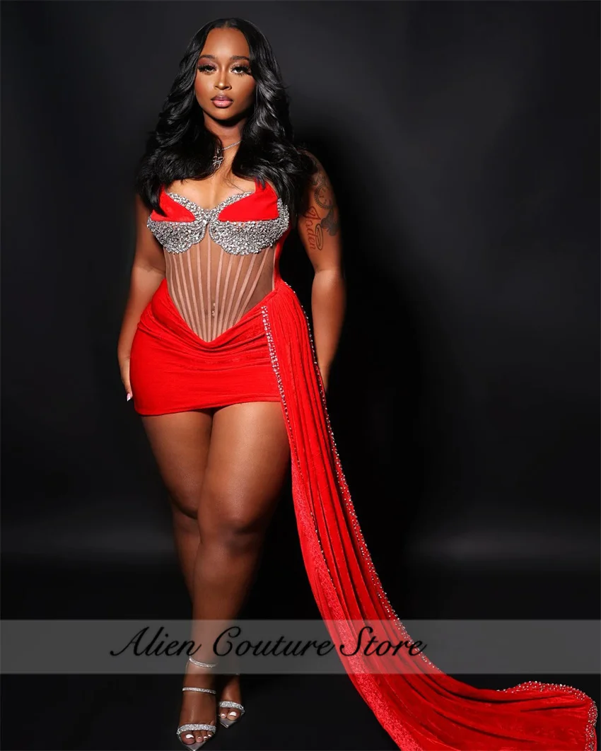 Red Velour Short Prom Dresses 2024 Rhinestones Dress Crystal Beads For Black Girls Gala Dresses Cocktail Gown Corset