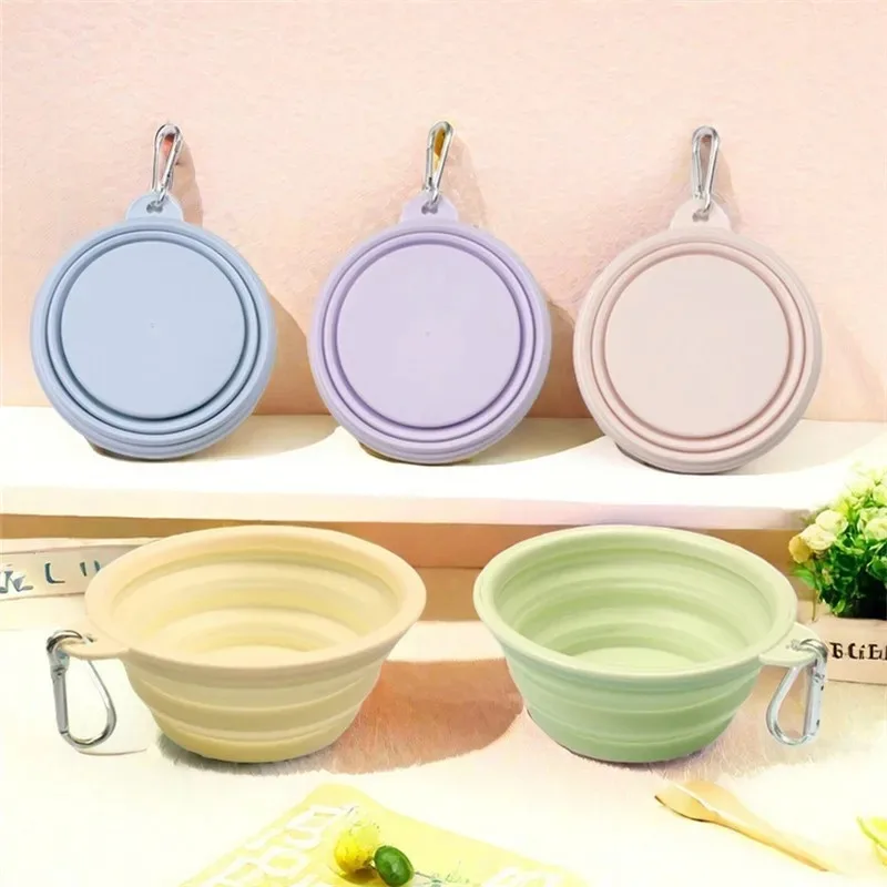 Macaron Color Collapsible Silicone Pet Bowl Portable Foldable Dog Water Food Bowl With Carabiner Clip Outdoor Travel Feeding Bow